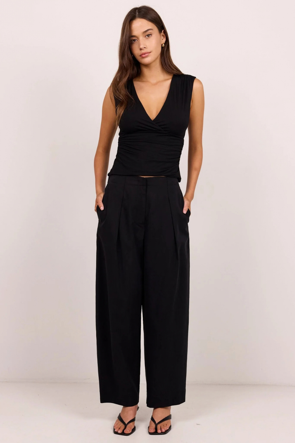 Manifesto Black Front Pleat Barrel Leg Pants