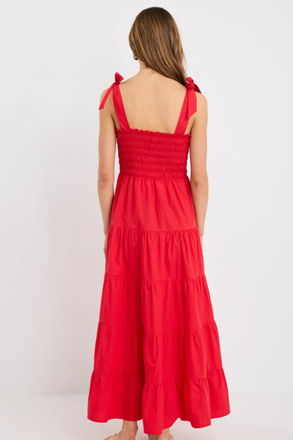 Isabella Cherry Red Cotton Poplin Shrappy Tiered Maxi Dress