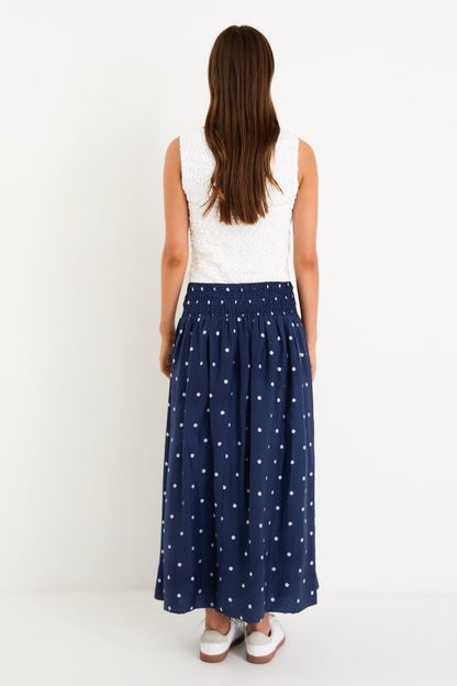 Wanderlust Navy Polka Dot Shirred Waist Maxi Skirt