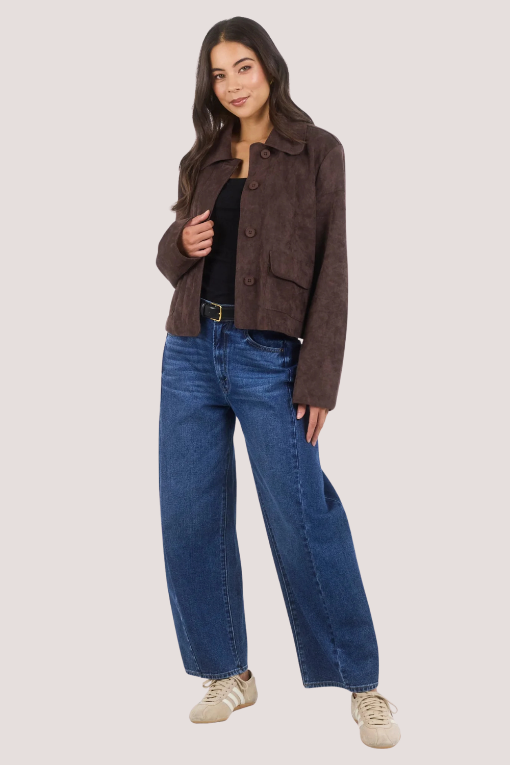 Exhibit Chocolate Faux Suede Button Front Cropped Jacket