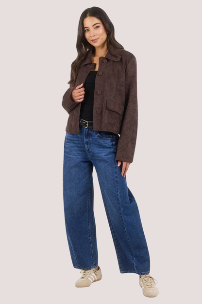 Exhibit Chocolate Faux Suede Button Front Cropped Jacket