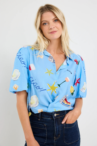 Exemption Blue Holiday Tie Front SS Shirt