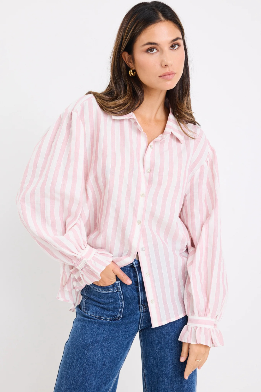 Connection Pink Stripe Button Front Blouse