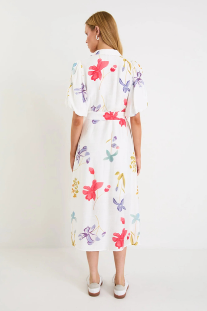 Jasmine Cream Poppy Floral Puff Sleeve Long Shirt Dress