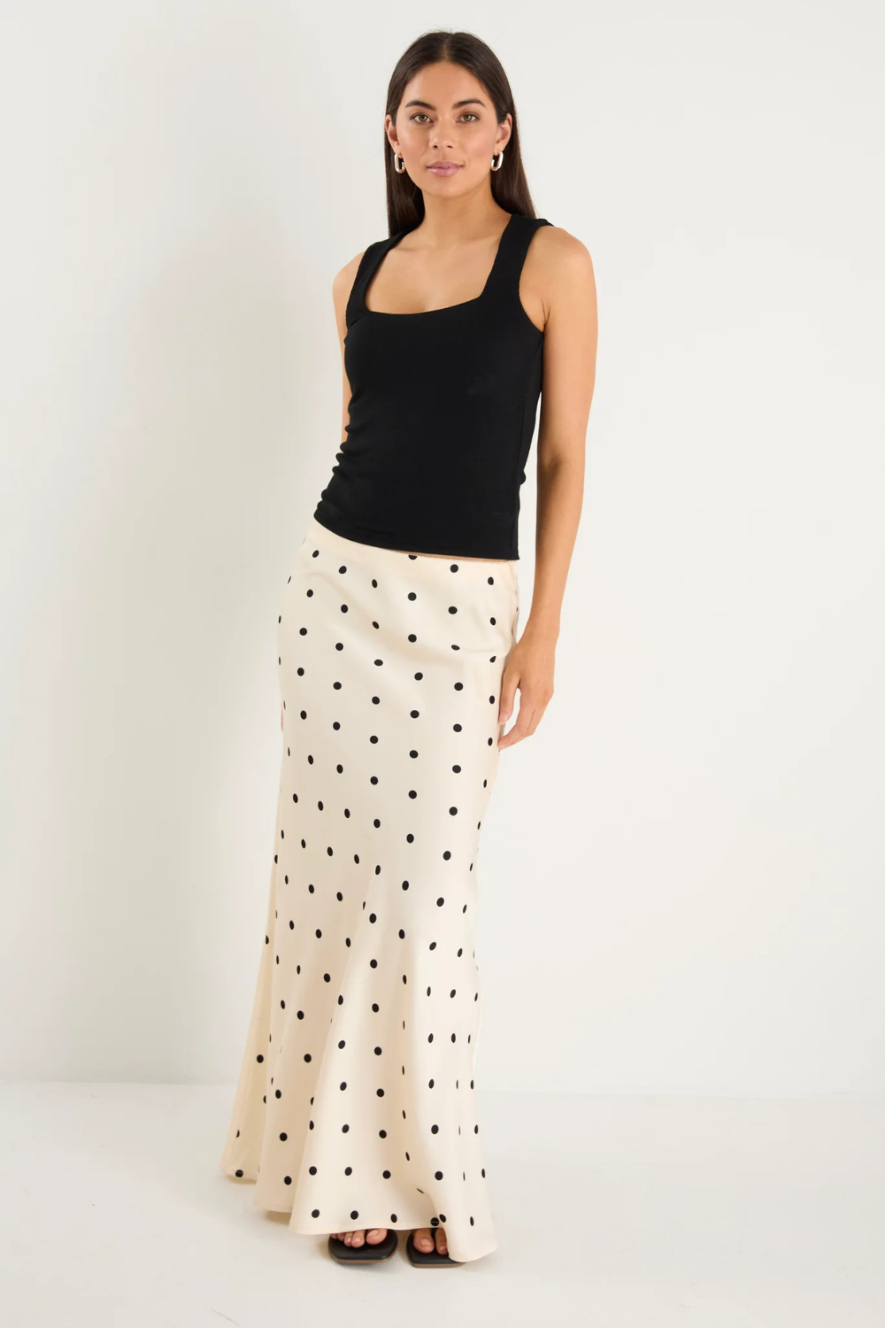Prodigy Cream Black Polka Dot Satin Bias Cut Midi Skirt