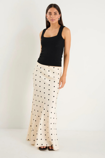 Prodigy Cream Black Polka Dot Satin Bias Cut Midi Skirt
