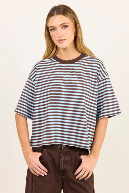 Cohesion Ice Blue Chocolate Stripe Oversized Contrast Binding Boxy SS Tee