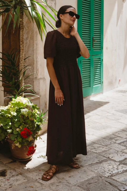 Wren Chocolate Linen Blend SS Shirred Bodice Midi Dress