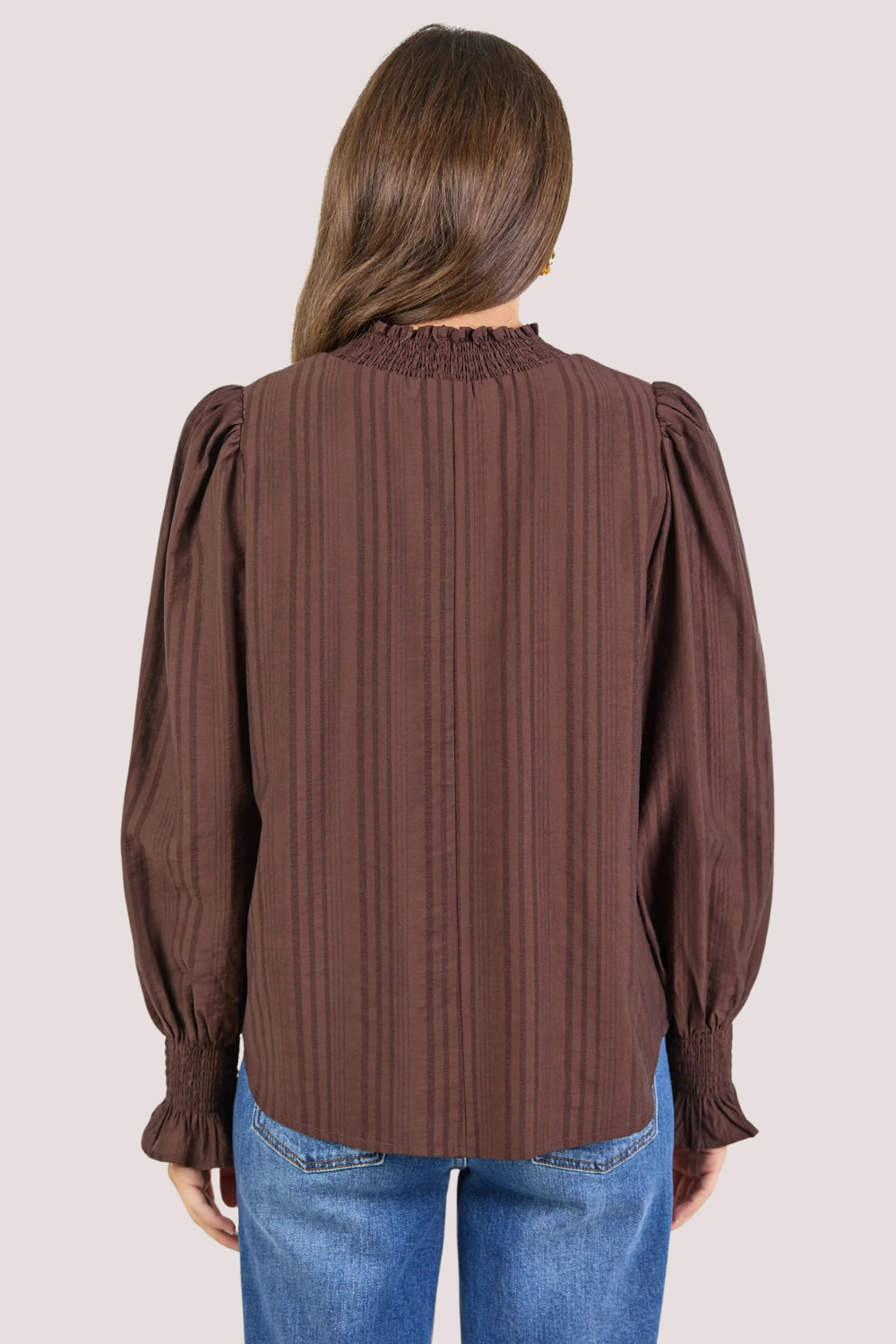 Embrace Chocolate Self Stripe Shirred Neck LS Top