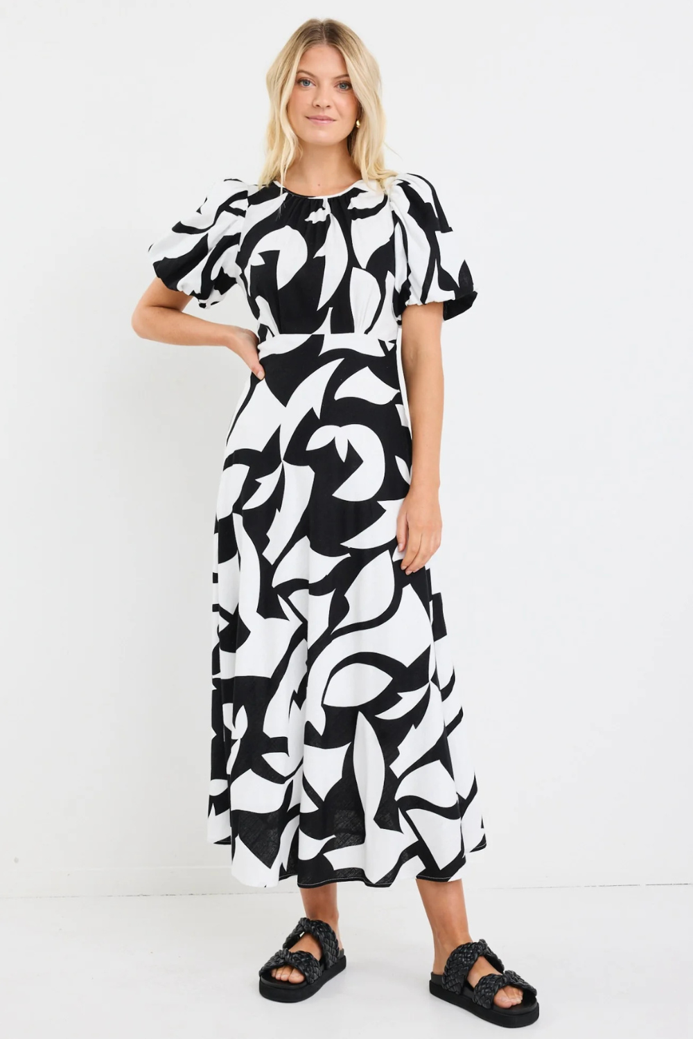 Stage Black Ivory Cut Out Print Puff Sleeve Floaty Maxi Dress