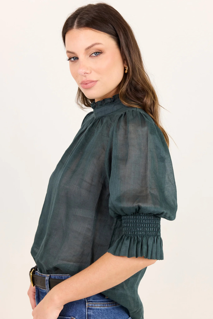 Verse Petrol Sheer High Neck Short Sleeve Top