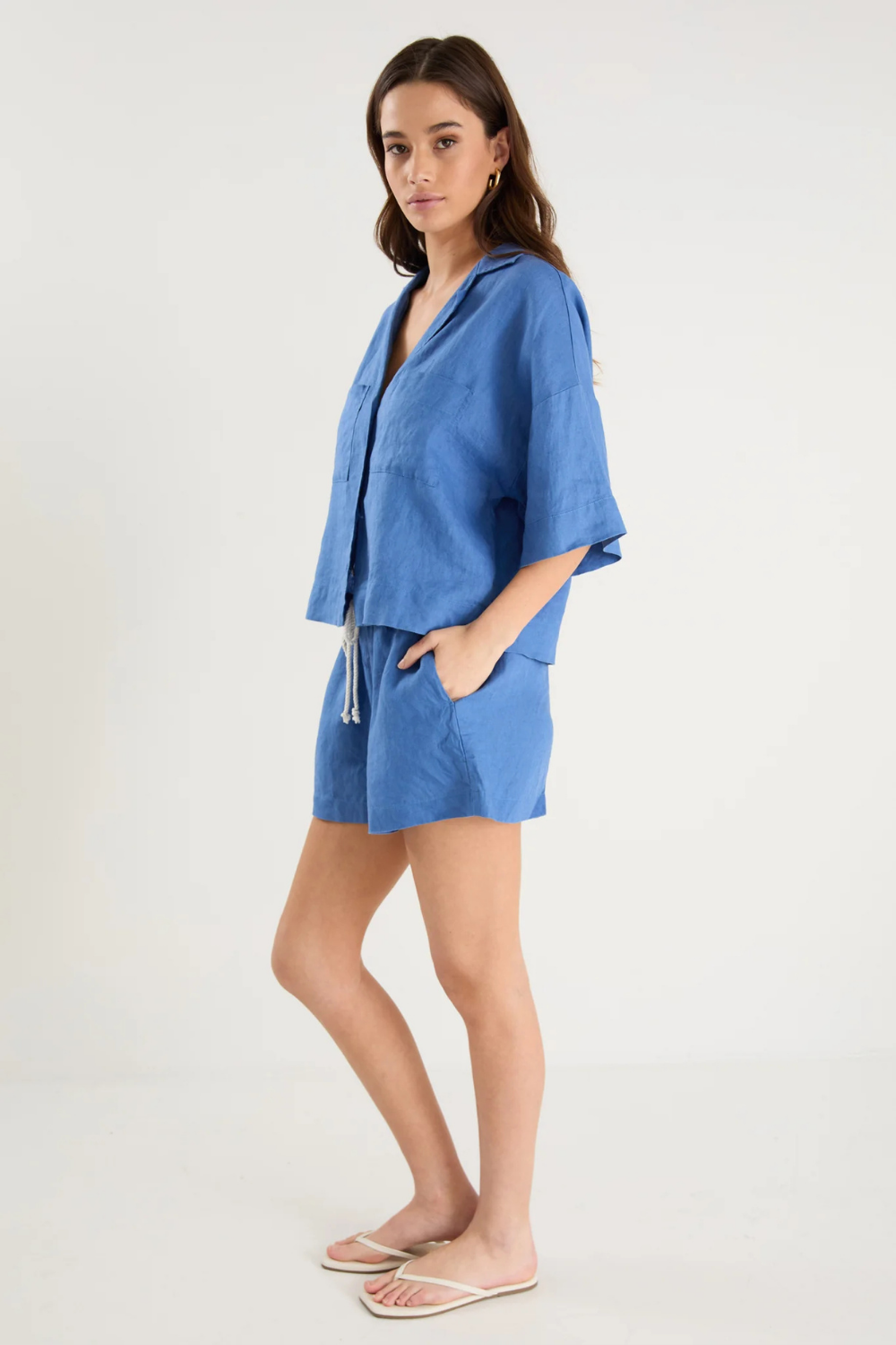 Drift Cornflower Blue Linen Pull On Shorts