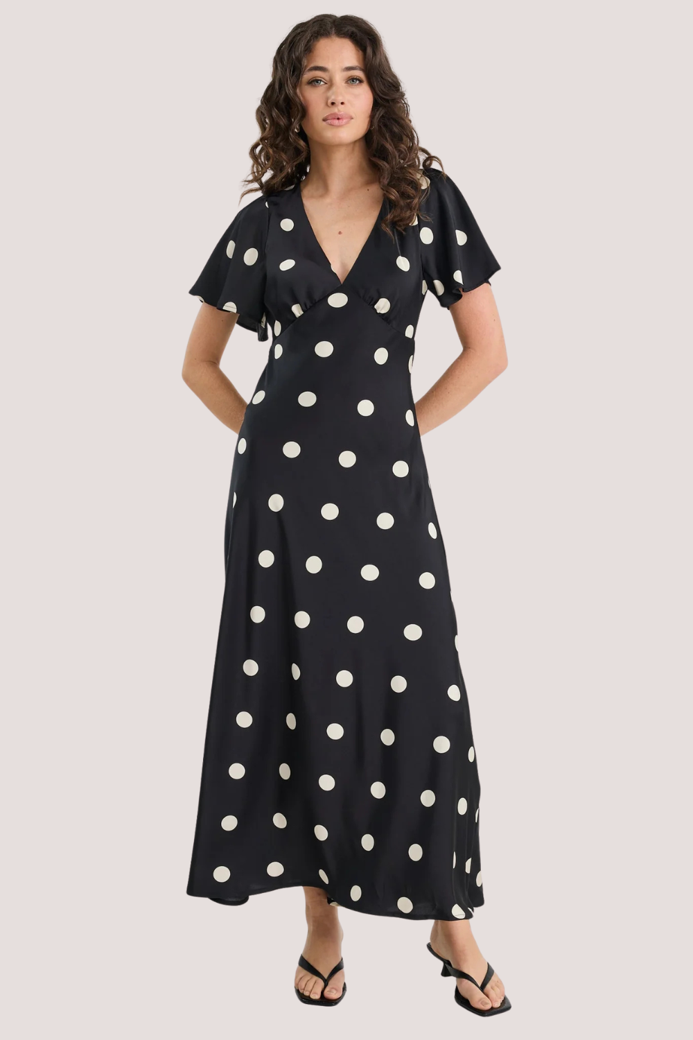 Chariot Black Polka Dot Bias Flutter Sleeve Maxi Dress