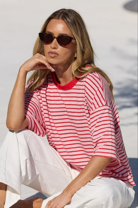 Cohesion Pink Red Stripe Oversized Contrast Binding Boxy SS Tee