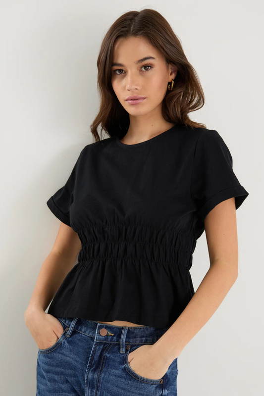 Svelte Black Shirred Detail SS Tee