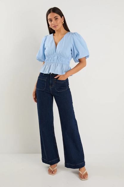 Vexing Ice Blue Puff Sleeve V Top