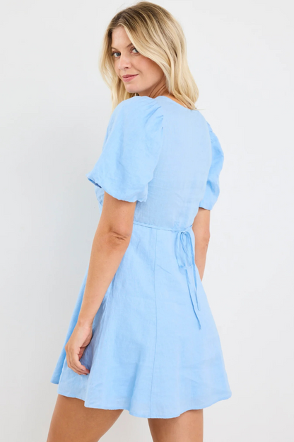 Adelaide Sky Blue Linen Puff Sleeve Paneled Mini Dress