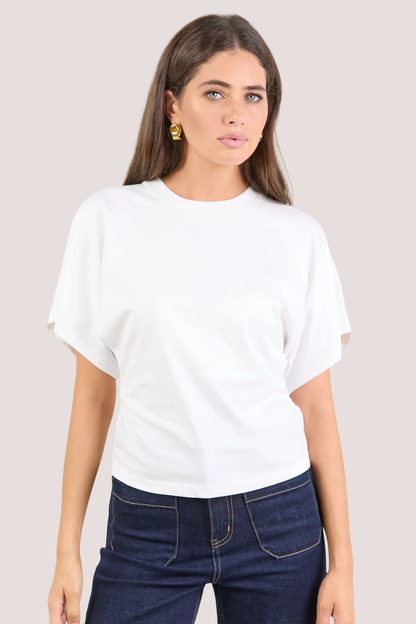 Cadence White Cotton Gathered Waist Detail Short Sleeve Tee