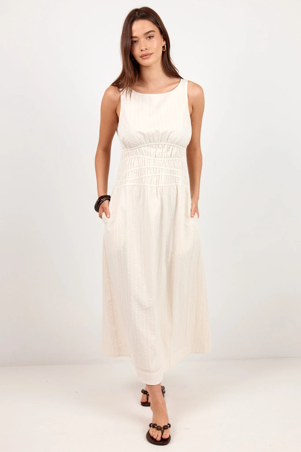 Lucent Cream Sleeveless Shirred Bodice Midi Dress
