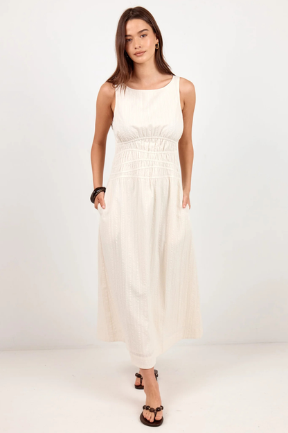 Lucent Cream Sleeveless Shirred Bodice Midi Dress