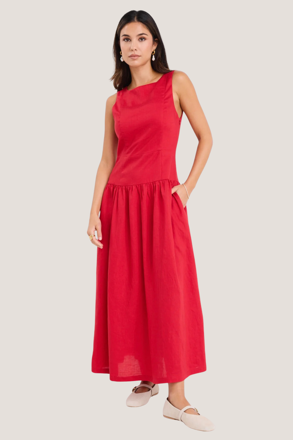 Results Red Linen Blend Structured Sleeveless Maxi Dress