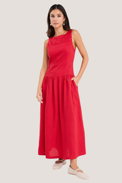 Results Red Linen Blend Structured Sleeveless Maxi Dress