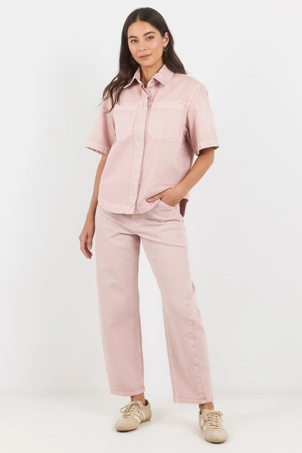 Crucial Pale Pink Denim Short Sleeve Shacket