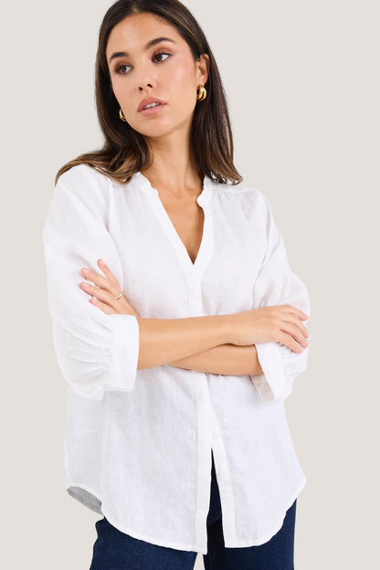 Deity White Linen Button Through Puff Sleeve Ss Blouse