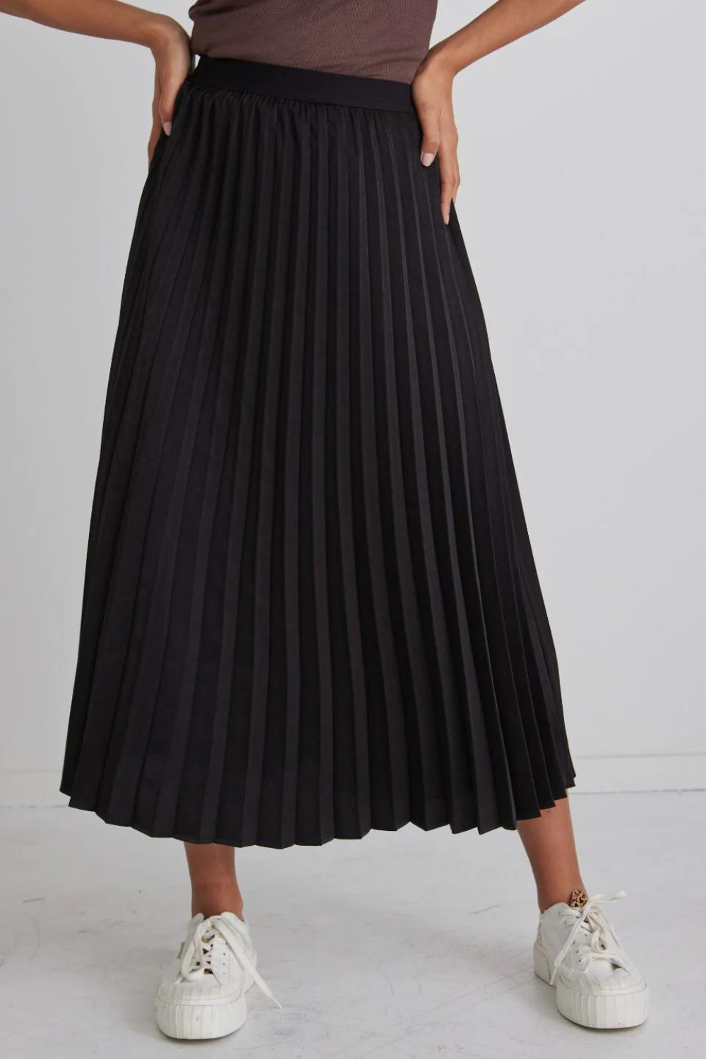 Radiant Satin Pleated Midi Skirt Black No 4 Boutique