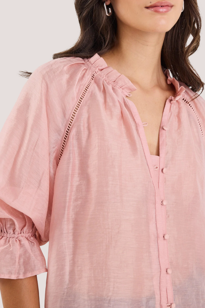 Encounter Blush Textured SS Gathered Button Front Top