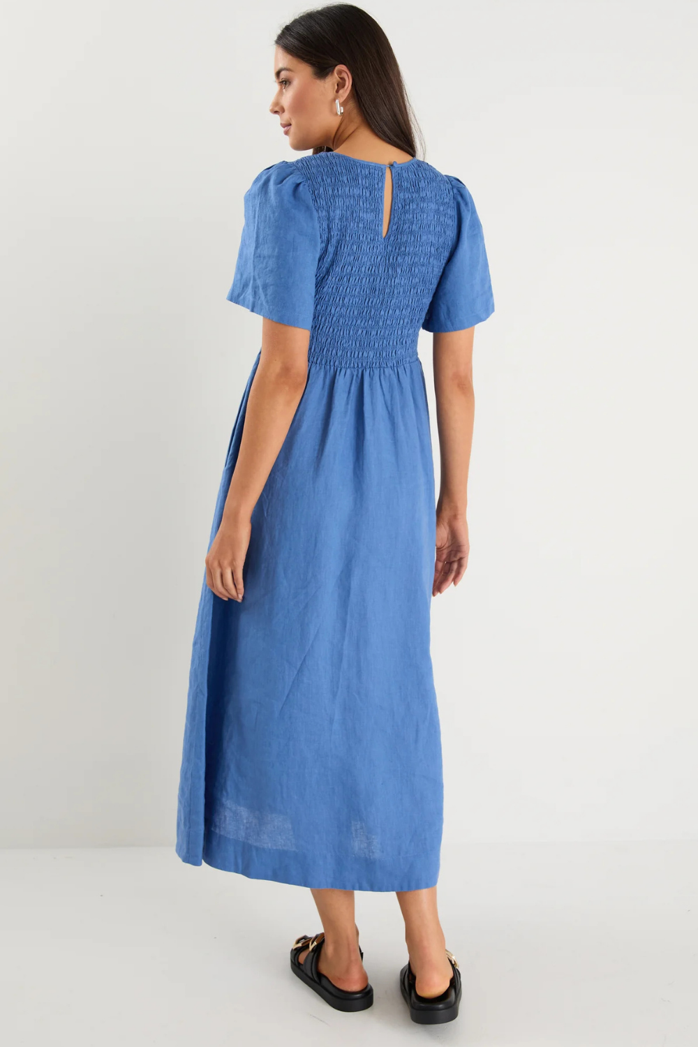 Wren Cornflower Blue Linen SS Shirred Bodice Midi Dress