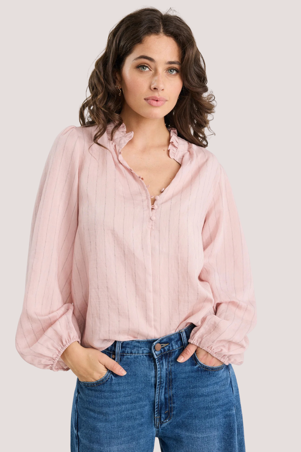 Premise Blush Stripe High Neck Buttoned LS Top