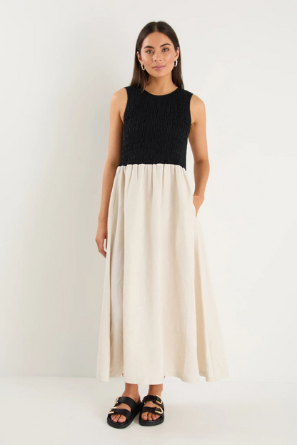 Bryar Black Natural Linen Blend SS Shirred Bodice Midi Dress