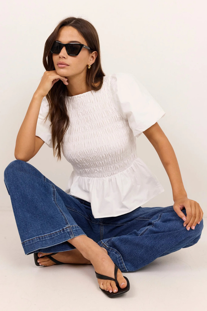 Artifact Ivory Poplin Shirred Bubble Sleeve Top