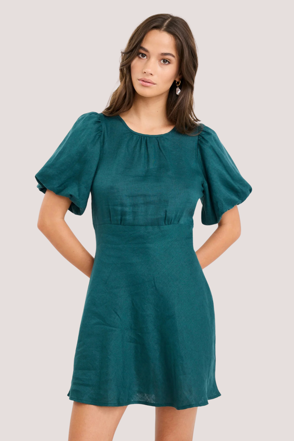 Delphine Forest Linen Puff Sleeve Mini Dress