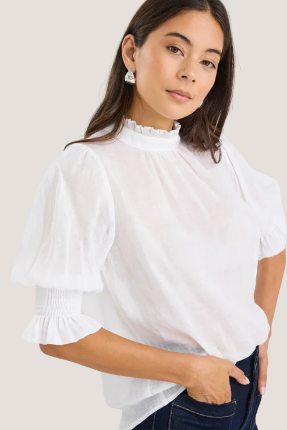 Verse Ivory Sheer High Neck Short Sleeve Top