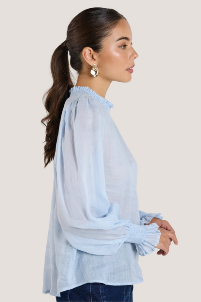 Embrace Ice Blue Ramie Shirred Neck LS Top