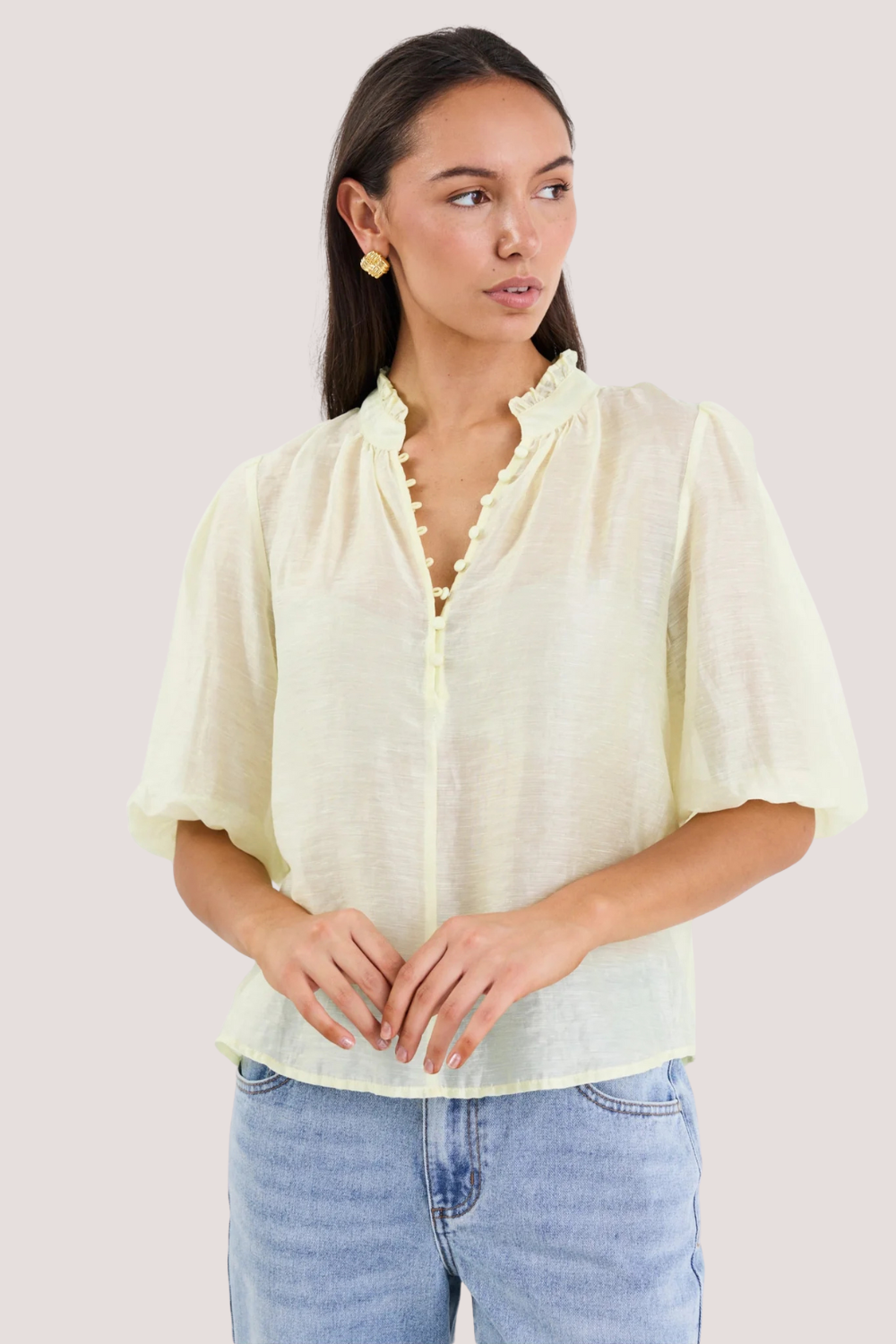 Closure Sunshine Sheer High Neck Buttoned SS Top