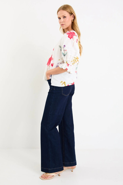 Cassia Cream Poppy Floral V Neck Short Pin Tuck Sleeve Mandarin Collar Top