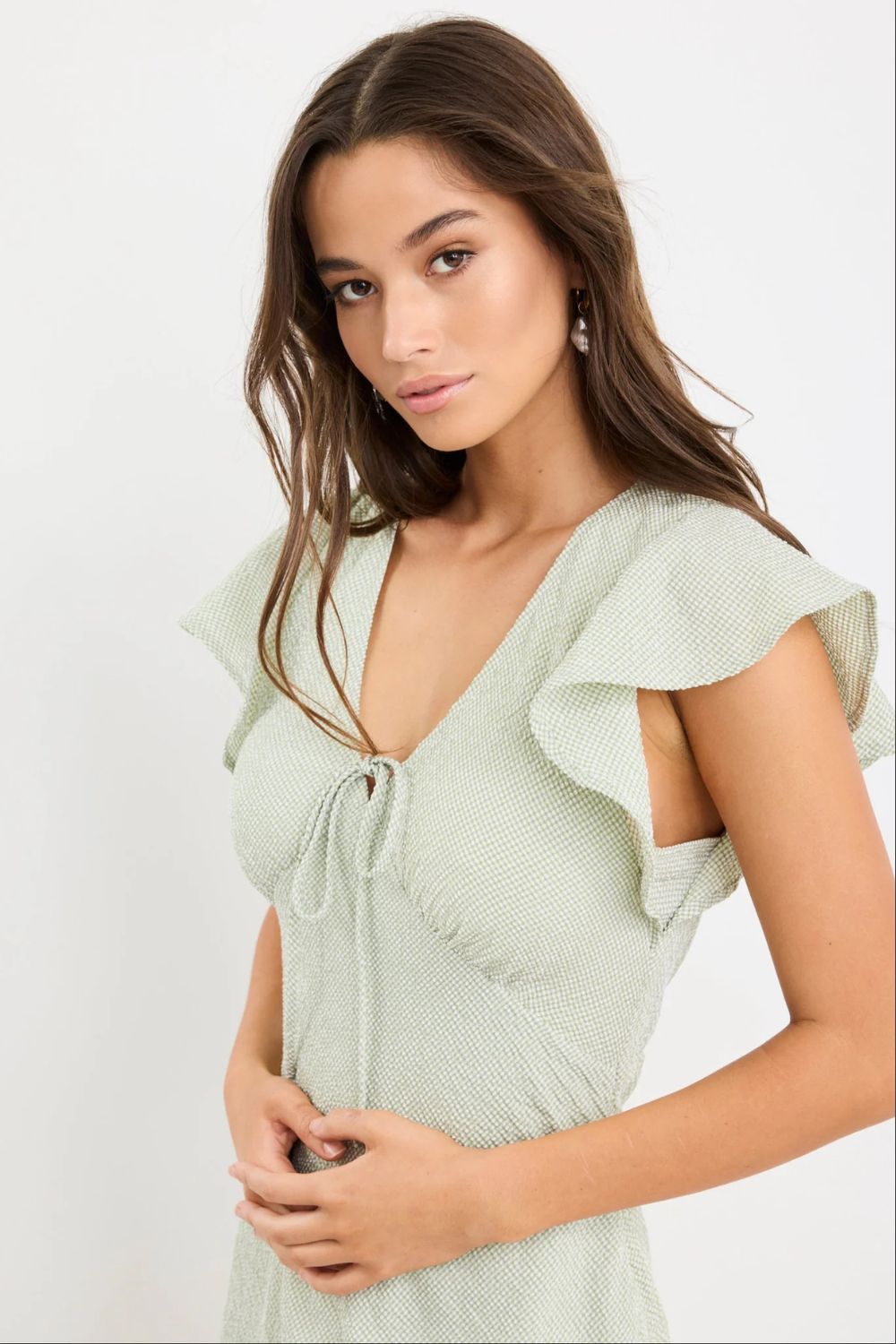 Ovation Sage Gingham Flutter SS Keyhole Tie Midi Dress