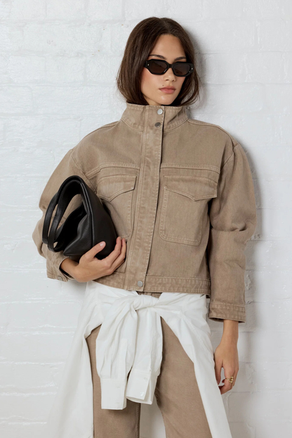 Crafted Taupe Funnel Neck Denim Jacket
