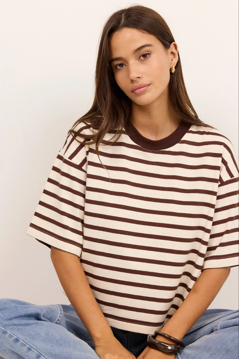 Cohesion Chocolate Vanilla Stripe Oversized Contrast Binding Boxy SS Tee