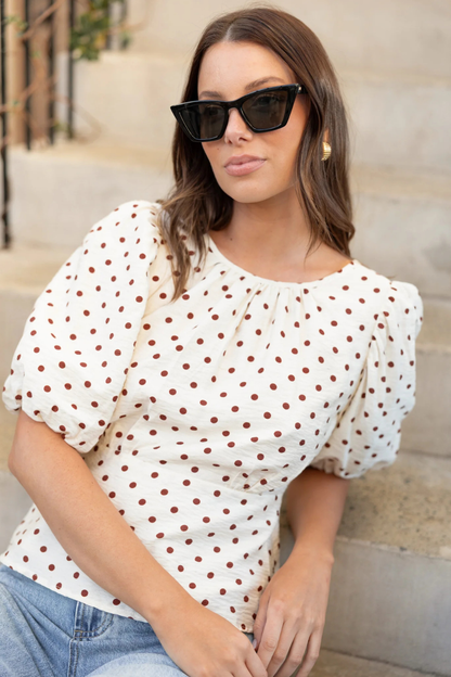 Eventual Ivory Chocolate Polka Dot Mid Sleeve Fit and Flare Top