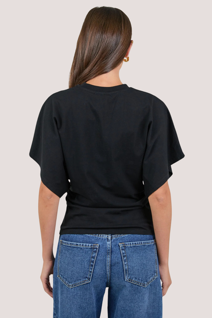 Cadence Black Cotton Gathered Waist Detail Short Sleeve Tee
