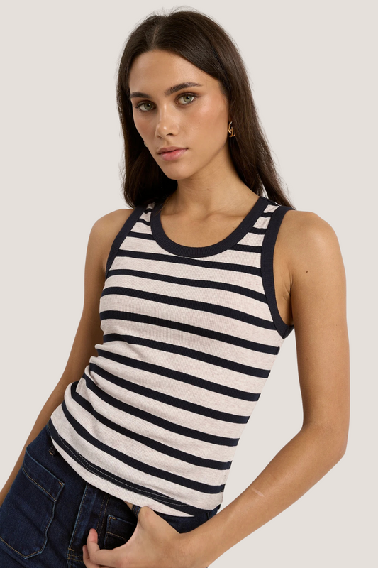 Cobble Navy Ecru Stripe Rib Cutaway Tank