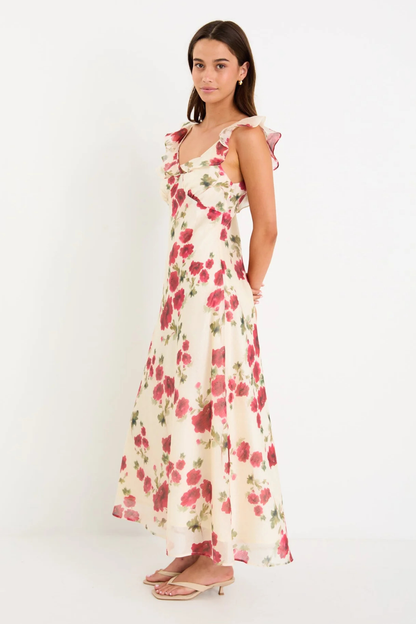 Amusing Cream Red Rose Bias Slip Maxi Dress