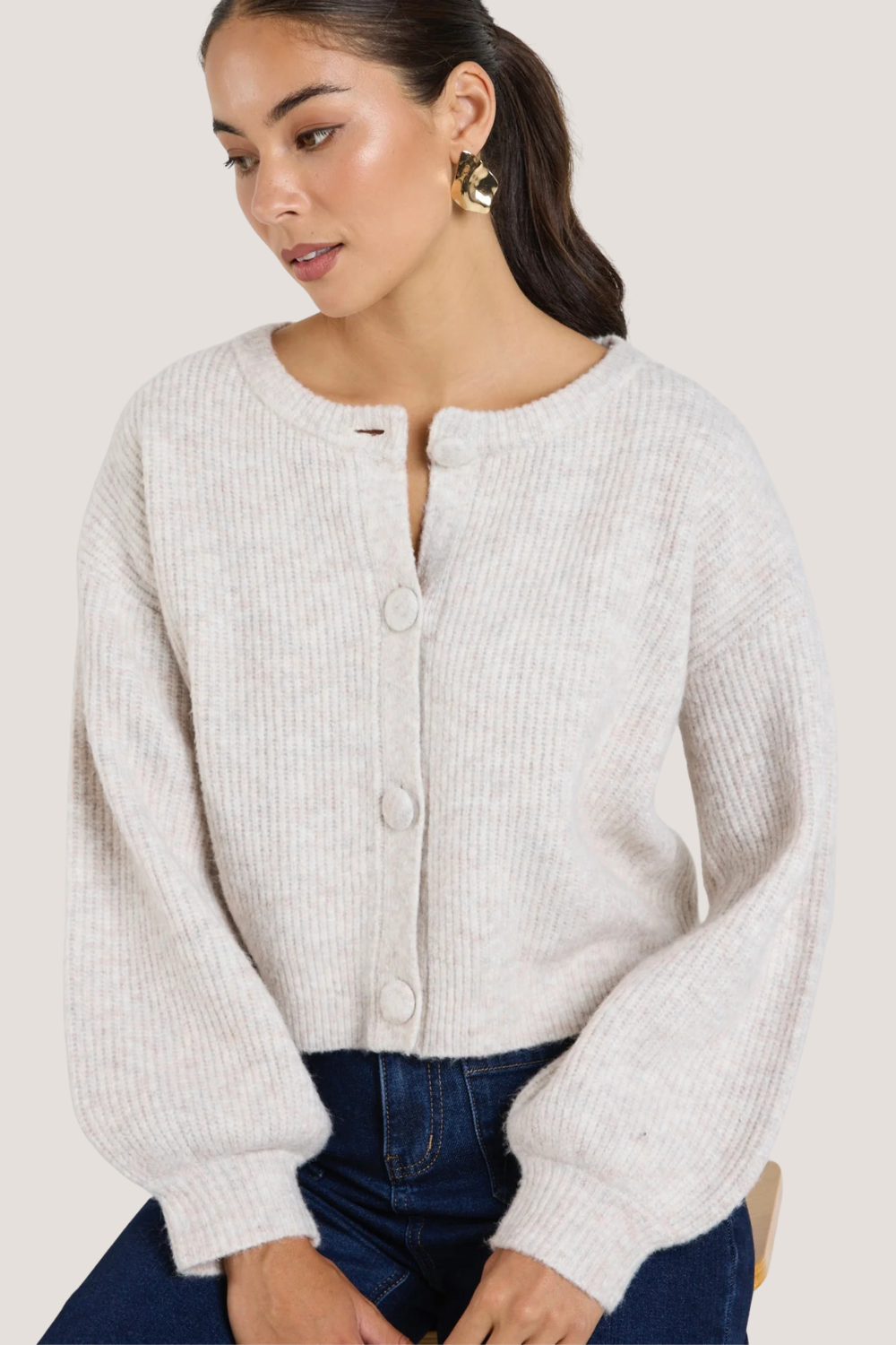 Authentic Oat Marle Chunky Knit Crewneck Cardigan