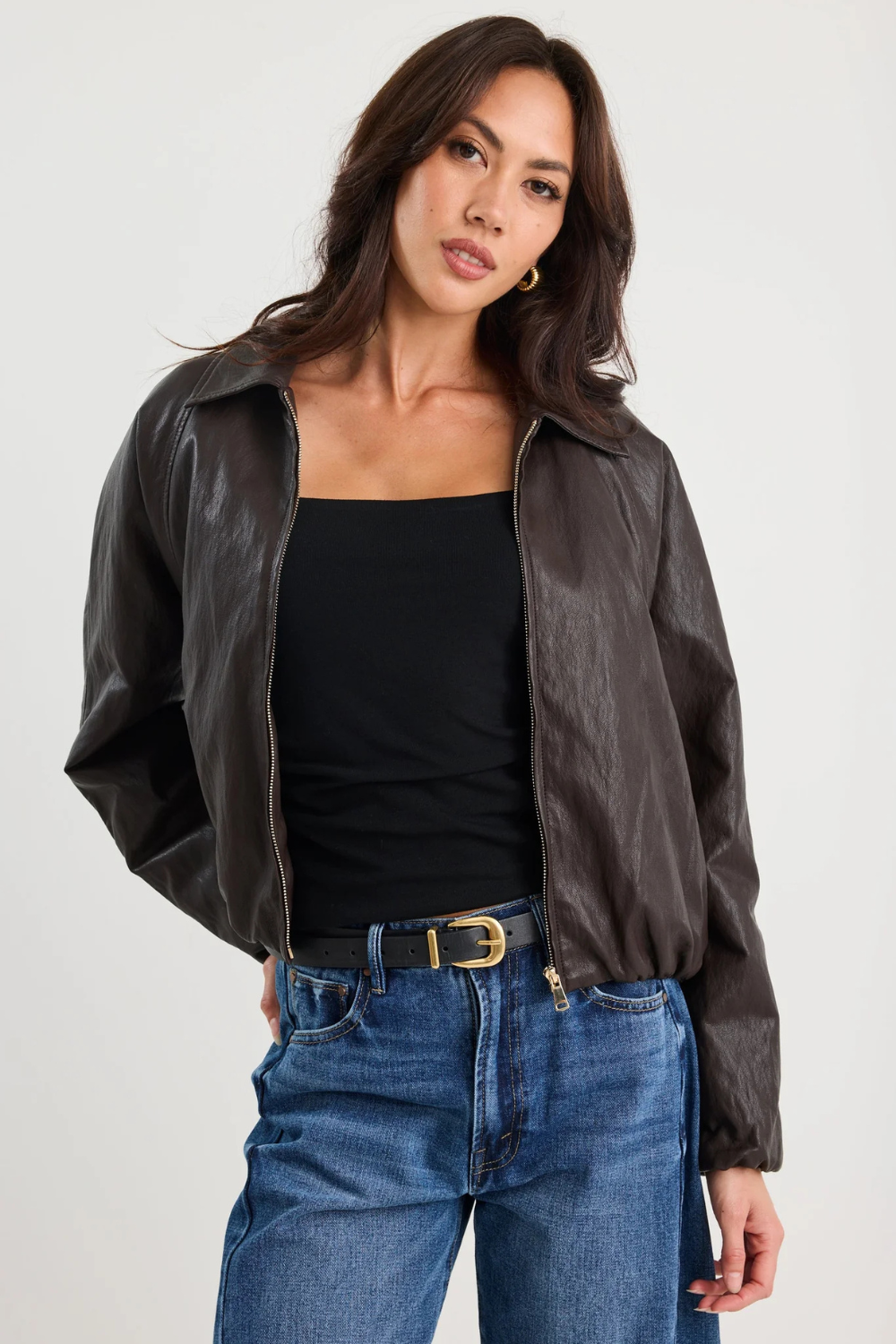 Troupe Chocolate PU Leather Zip Through Bubble Hem Bomber Jacket