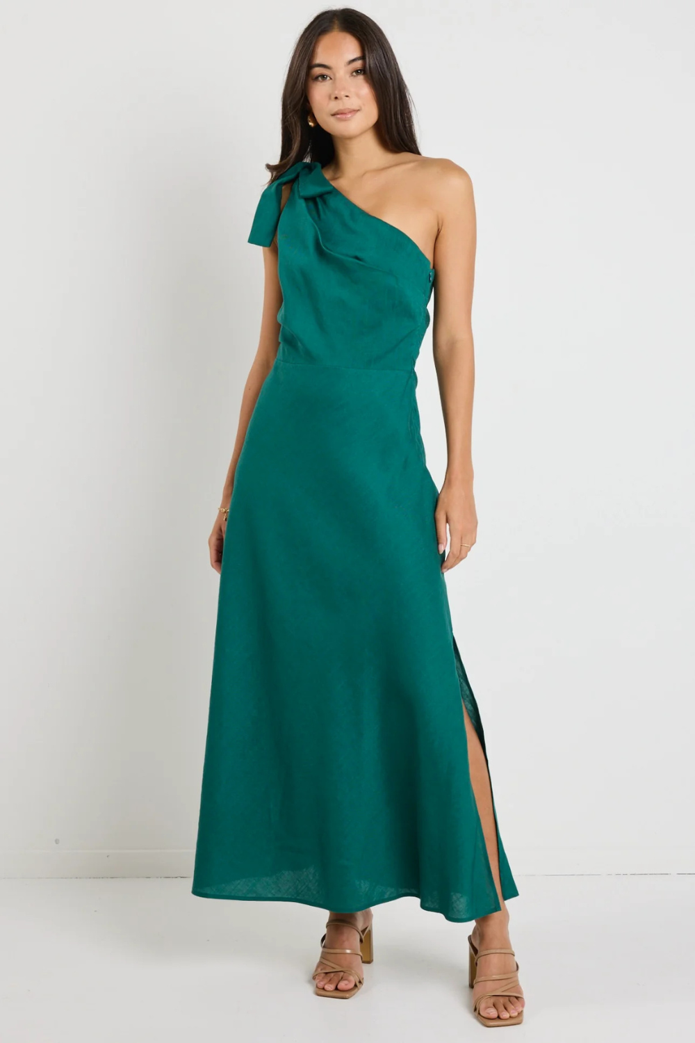 Mirror Forest Linen Blend One Shoulder Bow Midi Dress