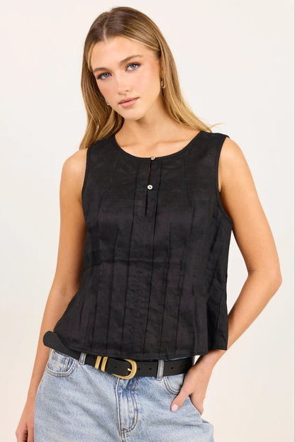 Encourage Black Linen Pintuck Front Boatneck Top